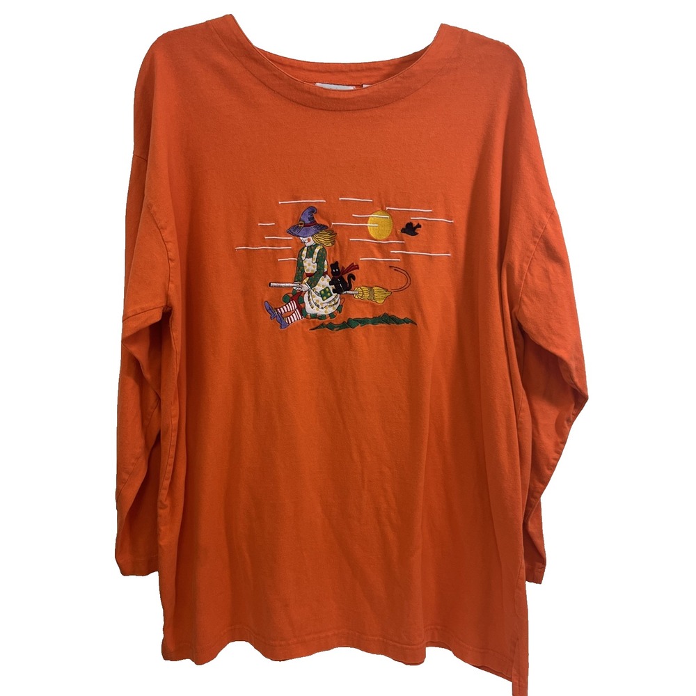 Basic Editions Vintage 90s Halloween Tee Size XL Witch Broom Cat Orange Long Slv